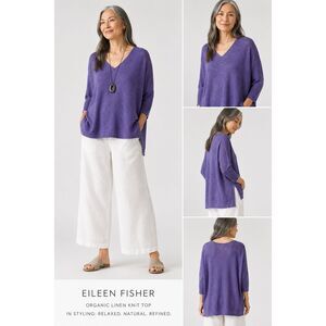 Eileen Fisher Organic Linen Knit Tunic Top V-Neck Lightweight Sweater Purple Sm